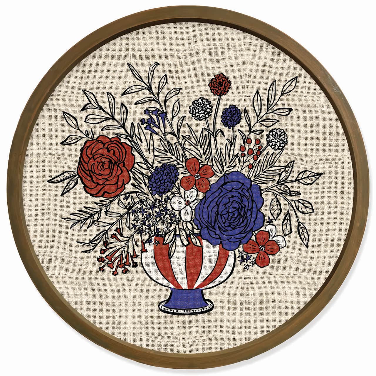 20" x 20" Red, White & Blue Florals Round Framed Print